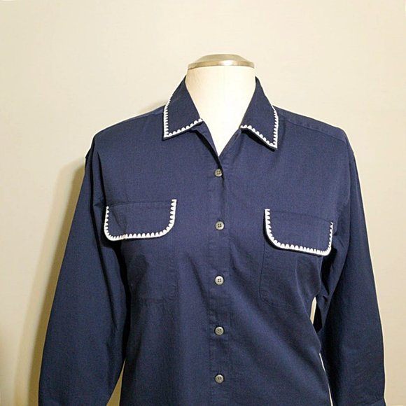 Nos Vintage Eddie Bauer Blue White Accent Loop Collar Blouse Shirt M Cottagecore - Picture 1 of 10
